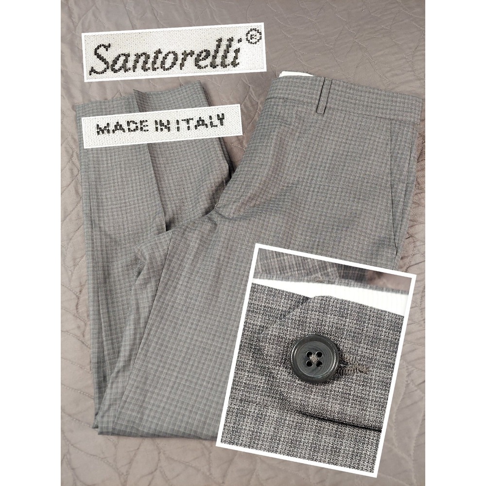 Santorelli Romeo Pants Mens 35 Gray Check Virgin Wool Dress Italy S17T-141